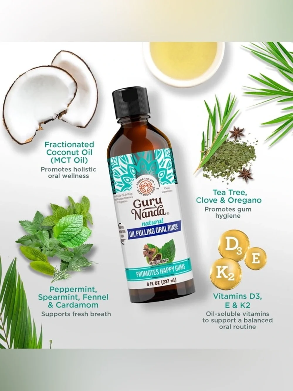 NEW GuruNanda Natural Whitening Pulling Oil w/ Coconut & Farmed Mint Peppermint